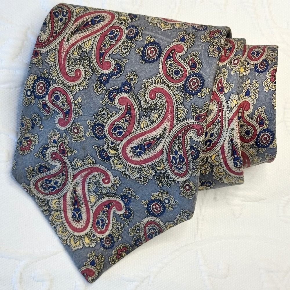 Vintage 90s Liberty of London Gray 100% Silk Necktie with Red and Blue Paisley
